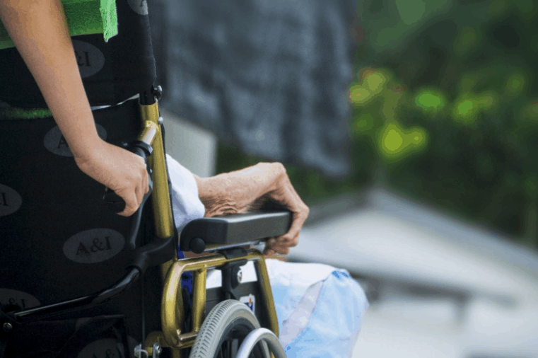 carer pushing senior in wheel chair