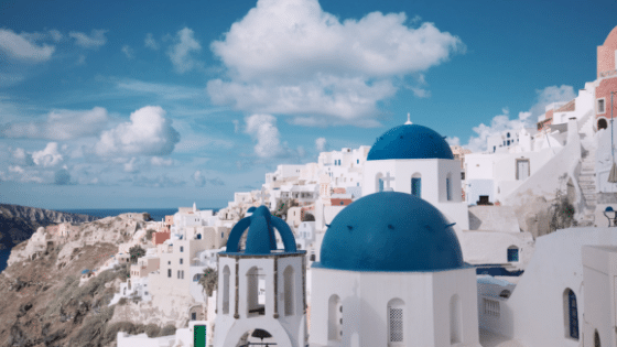 White buildings blue roofs Greece