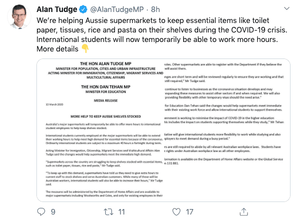 Alan Tudge Twitter post on COVID-19 crisis and international students